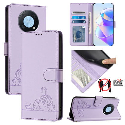 Huawei Enjoy 50 Pro 4G Cat & Rat Embossed RFID Leather Case, Lanyard, Wallet, Card Slots, Kickstand, Anti-Fall, Scratch-Resistant