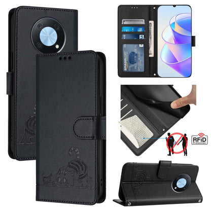Huawei nova Y90 Cat & Rat Embossed RFID Leather Case, Lanyard, Wallet, Card Slots, Kickstand, Anti-Fall, Scratch-Resistant