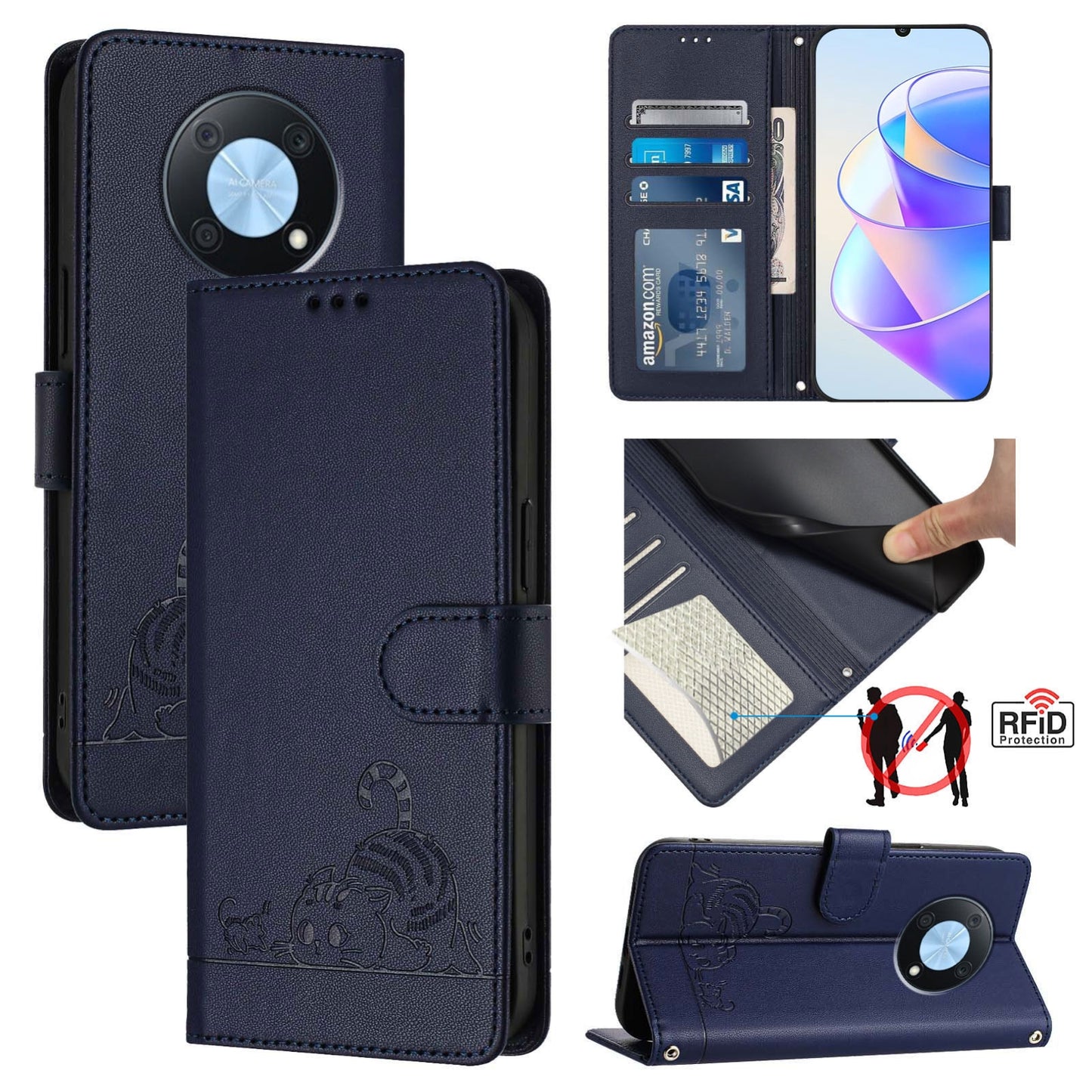 Huawei nova Y90 Cat & Rat Embossed RFID Leather Case, Lanyard, Wallet, Card Slots, Kickstand, Anti-Fall, Scratch-Resistant