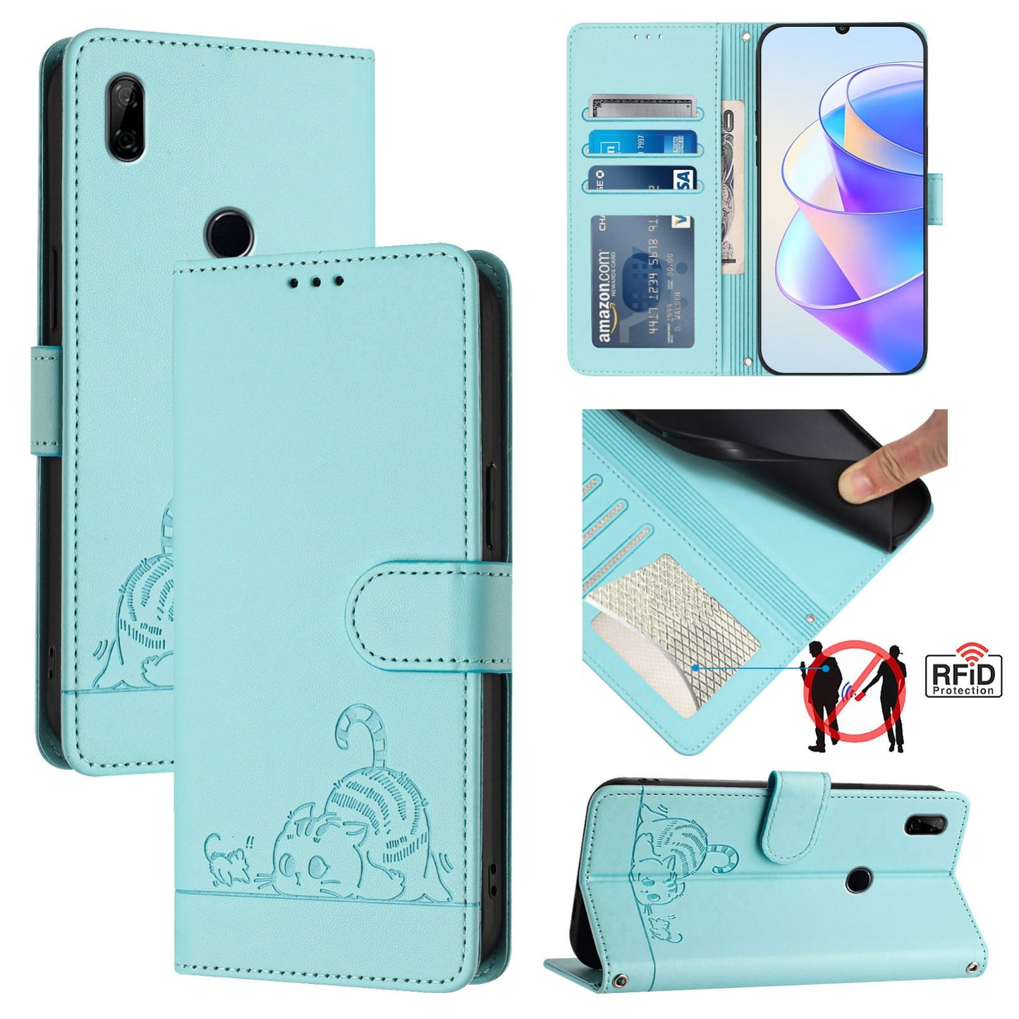 Huawei P Smart Z Cat & Rat Embossed RFID Leather Case, Lanyard, Wallet, Card Slots, Kickstand, Anti-Fall, Scratch-Resistant