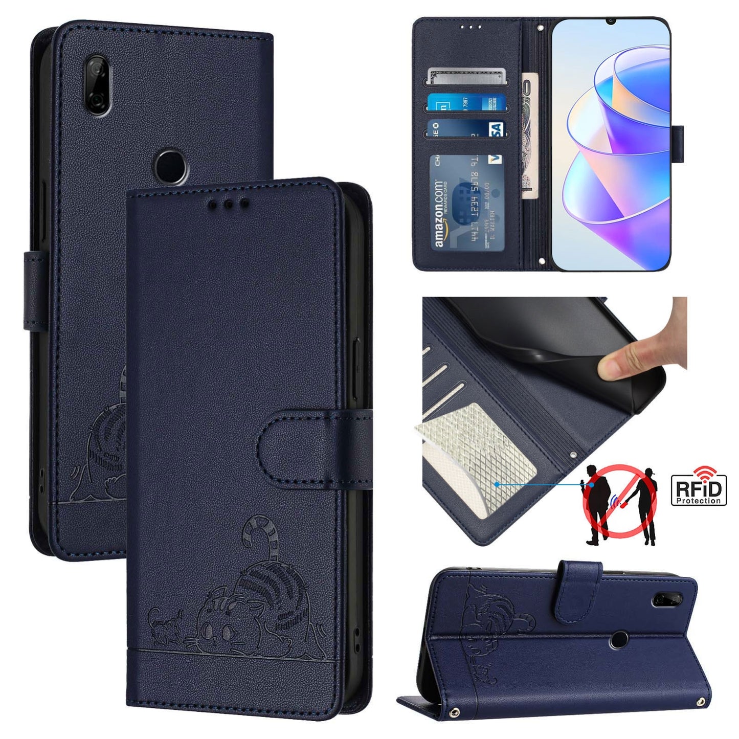 Huawei P Smart Z Cat & Rat Embossed RFID Leather Case, Lanyard, Wallet, Card Slots, Kickstand, Anti-Fall, Scratch-Resistant