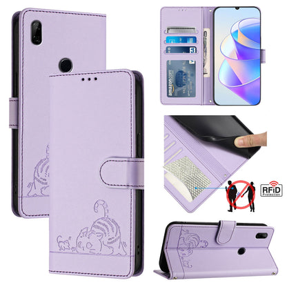 Huawei P Smart Z Cat & Rat Embossed RFID Leather Case, Lanyard, Wallet, Card Slots, Kickstand, Anti-Fall, Scratch-Resistant