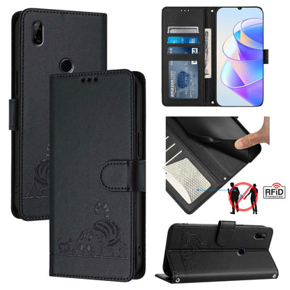 Huawei Y9 Prime 2019 Cat & Rat Embossed RFID Leather Case, Lanyard, Wallet, Card Slots, Kickstand, Anti-Fall, Scratch-Resistant