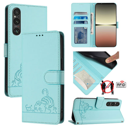Sony Xperia 1 V 2023 Cat & Rat Embossed RFID Leather Case, Lanyard, Wallet, Card Slots, Kickstand, Anti-Fall, Scratch-Resistant