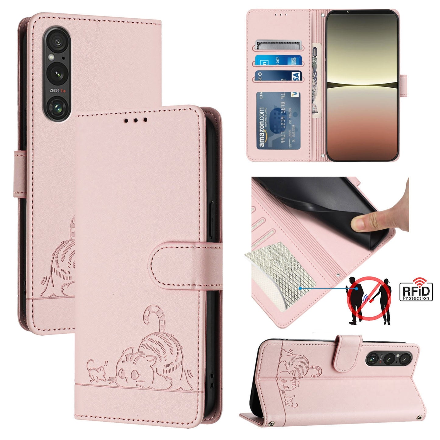 Sony Xperia 1 V 2023 Cat & Rat Embossed RFID Leather Case, Lanyard, Wallet, Card Slots, Kickstand, Anti-Fall, Scratch-Resistant