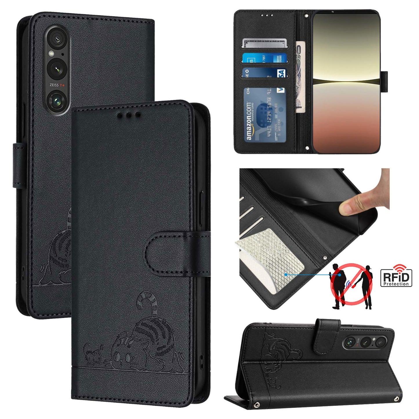 Sony Xperia 1 V 2023 Cat & Rat Embossed RFID Leather Case, Lanyard, Wallet, Card Slots, Kickstand, Anti-Fall, Scratch-Resistant