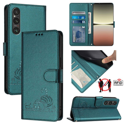 Sony Xperia 1 V 2023 Cat & Rat Embossed RFID Leather Case, Lanyard, Wallet, Card Slots, Kickstand, Anti-Fall, Scratch-Resistant