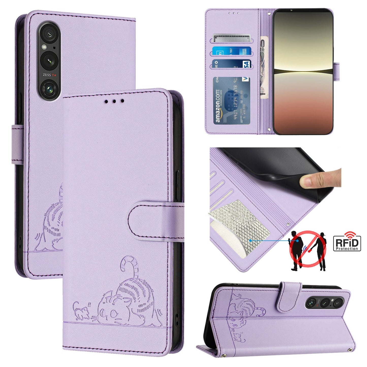 Sony Xperia 1 V 2023 Cat & Rat Embossed RFID Leather Case, Lanyard, Wallet, Card Slots, Kickstand, Anti-Fall, Scratch-Resistant