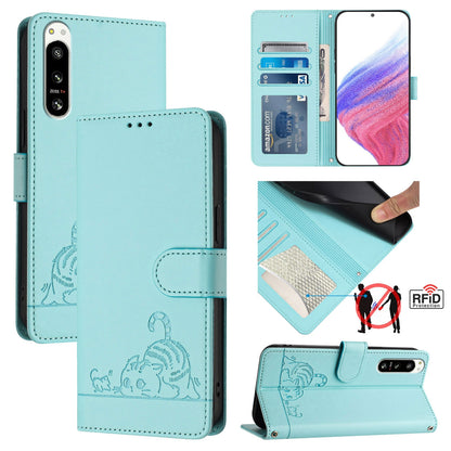 Sony Xperia 5 IV Cat & Rat Embossed RFID Leather Case, Lanyard, Wallet, Card Slots, Kickstand, Anti-Fall, Scratch-Resistant