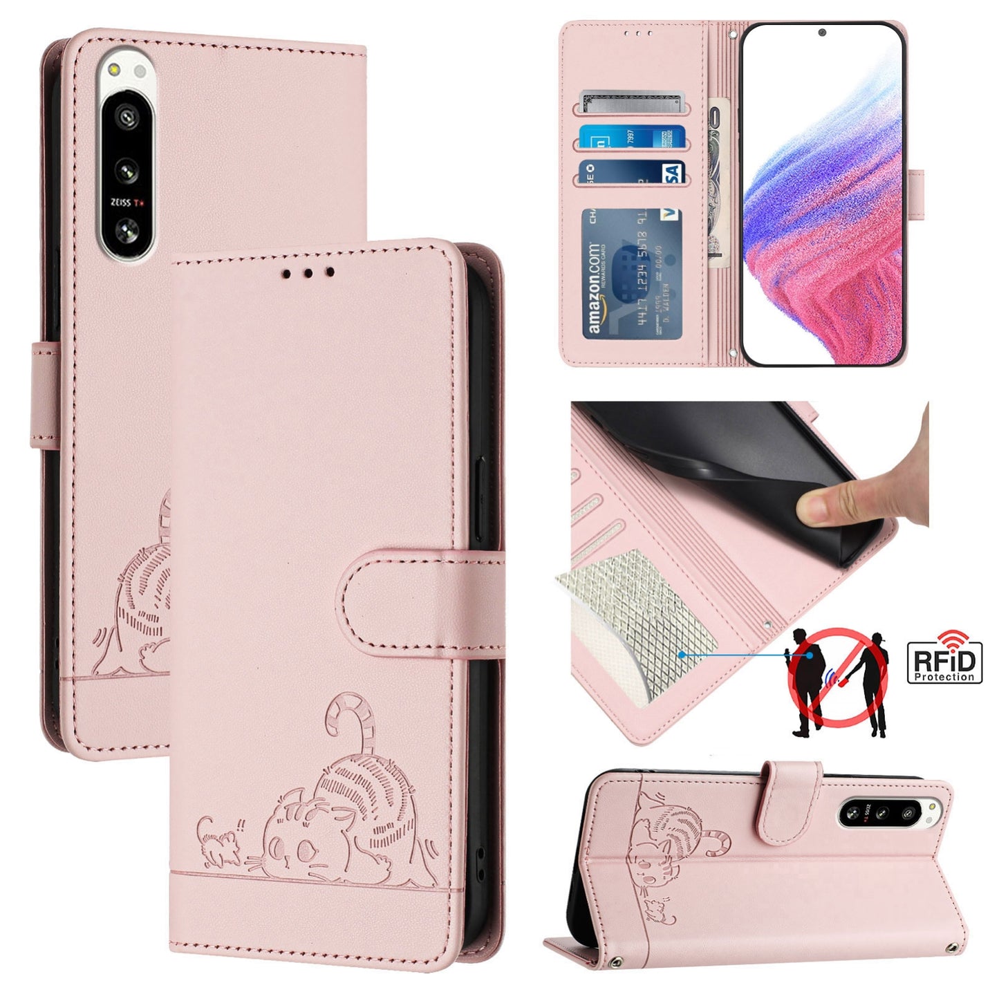 Sony Xperia 5 IV Cat & Rat Embossed RFID Leather Case, Lanyard, Wallet, Card Slots, Kickstand, Anti-Fall, Scratch-Resistant