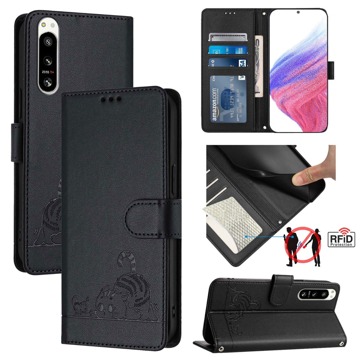 Sony Xperia 5 IV Cat & Rat Embossed RFID Leather Case, Lanyard, Wallet, Card Slots, Kickstand, Anti-Fall, Scratch-Resistant