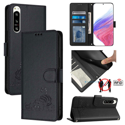 Sony Xperia 5 IV Cat & Rat Embossed RFID Leather Case, Lanyard, Wallet, Card Slots, Kickstand, Anti-Fall, Scratch-Resistant