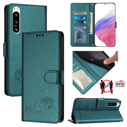 Sony Xperia 5 IV Cat & Rat Embossed RFID Leather Case, Lanyard, Wallet, Card Slots, Kickstand, Anti-Fall, Scratch-Resistant