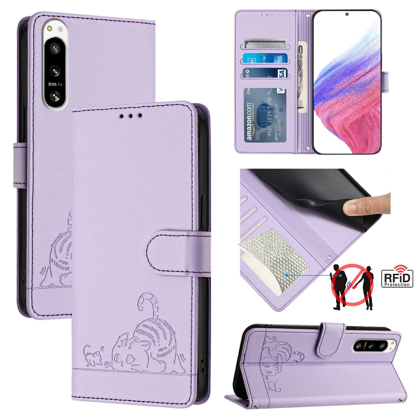 Sony Xperia 5 IV Cat & Rat Embossed RFID Leather Case, Lanyard, Wallet, Card Slots, Kickstand, Anti-Fall, Scratch-Resistant