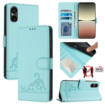 Sony Xperia 5 V 2023 Cat & Rat Embossed RFID Leather Case, Lanyard, Wallet, Card Slots, Kickstand, Anti-Fall, Scratch-Resistant