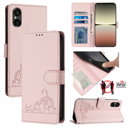 Sony Xperia 5 V 2023 Cat & Rat Embossed RFID Leather Case, Lanyard, Wallet, Card Slots, Kickstand, Anti-Fall, Scratch-Resistant