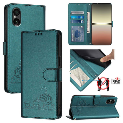 Sony Xperia 5 V 2023 Cat & Rat Embossed RFID Leather Case, Lanyard, Wallet, Card Slots, Kickstand, Anti-Fall, Scratch-Resistant