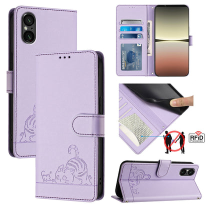 Sony Xperia 5 V 2023 Cat & Rat Embossed RFID Leather Case, Lanyard, Wallet, Card Slots, Kickstand, Anti-Fall, Scratch-Resistant