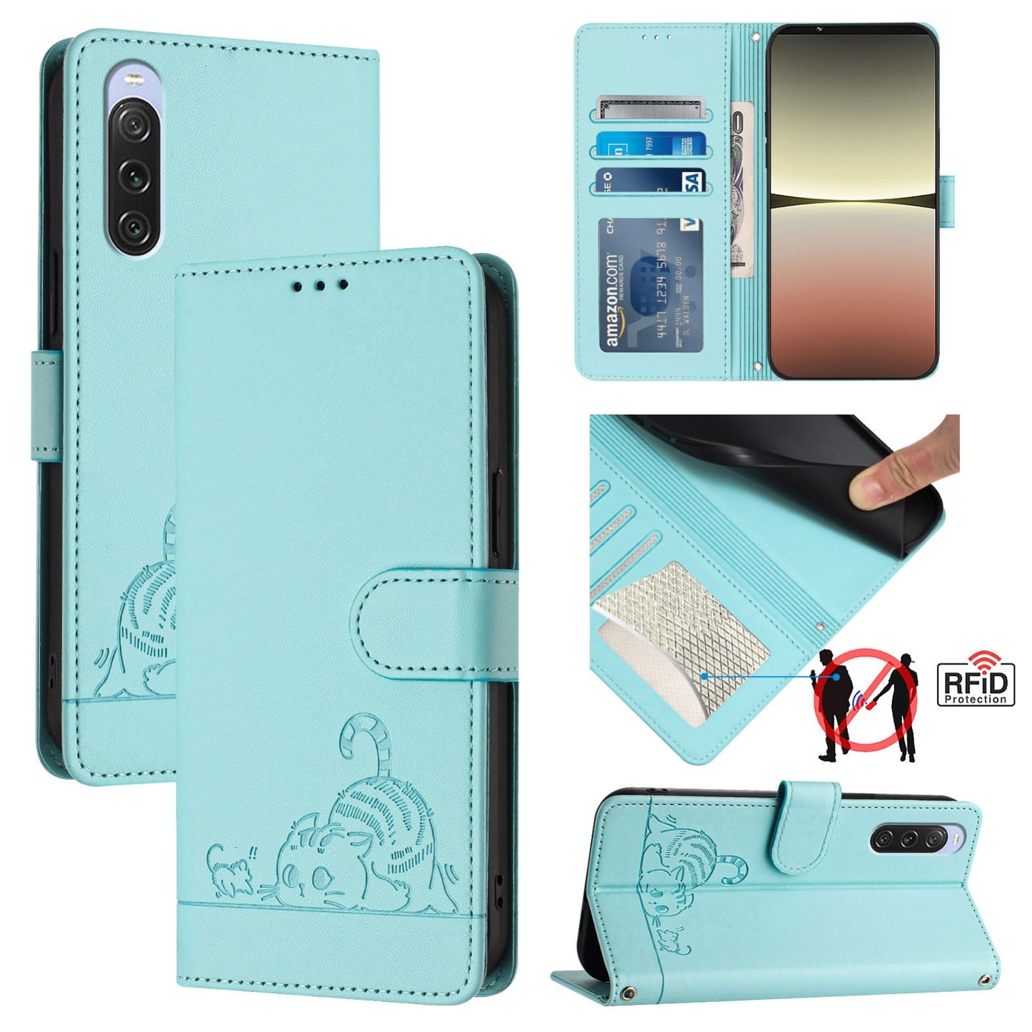 Sony Xperia 10 V 2023 Cat & Rat Embossed RFID Leather Case, Lanyard, Wallet, Card Slots, Kickstand, Anti-Fall, Scratch-Resistant