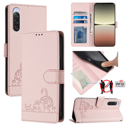 Sony Xperia 10 V 2023 Cat & Rat Embossed RFID Leather Case, Lanyard, Wallet, Card Slots, Kickstand, Anti-Fall, Scratch-Resistant