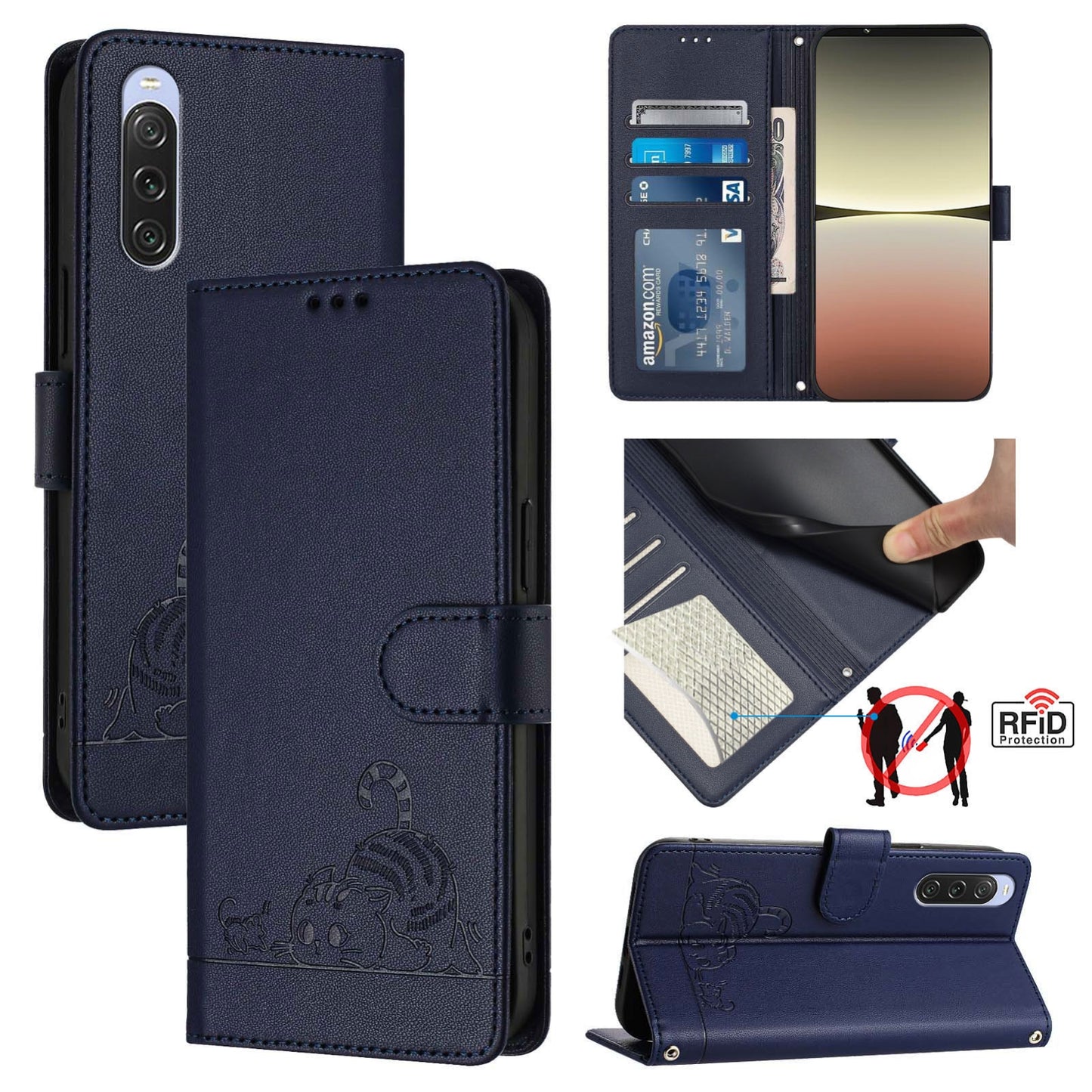 Sony Xperia 10 V 2023 Cat & Rat Embossed RFID Leather Case, Lanyard, Wallet, Card Slots, Kickstand, Anti-Fall, Scratch-Resistant