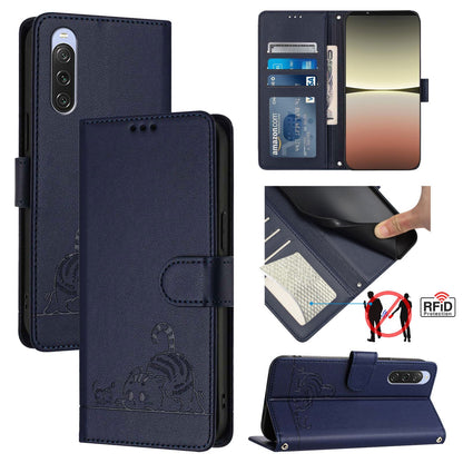 Sony Xperia 10 V 2023 Cat & Rat Embossed RFID Leather Case, Lanyard, Wallet, Card Slots, Kickstand, Anti-Fall, Scratch-Resistant