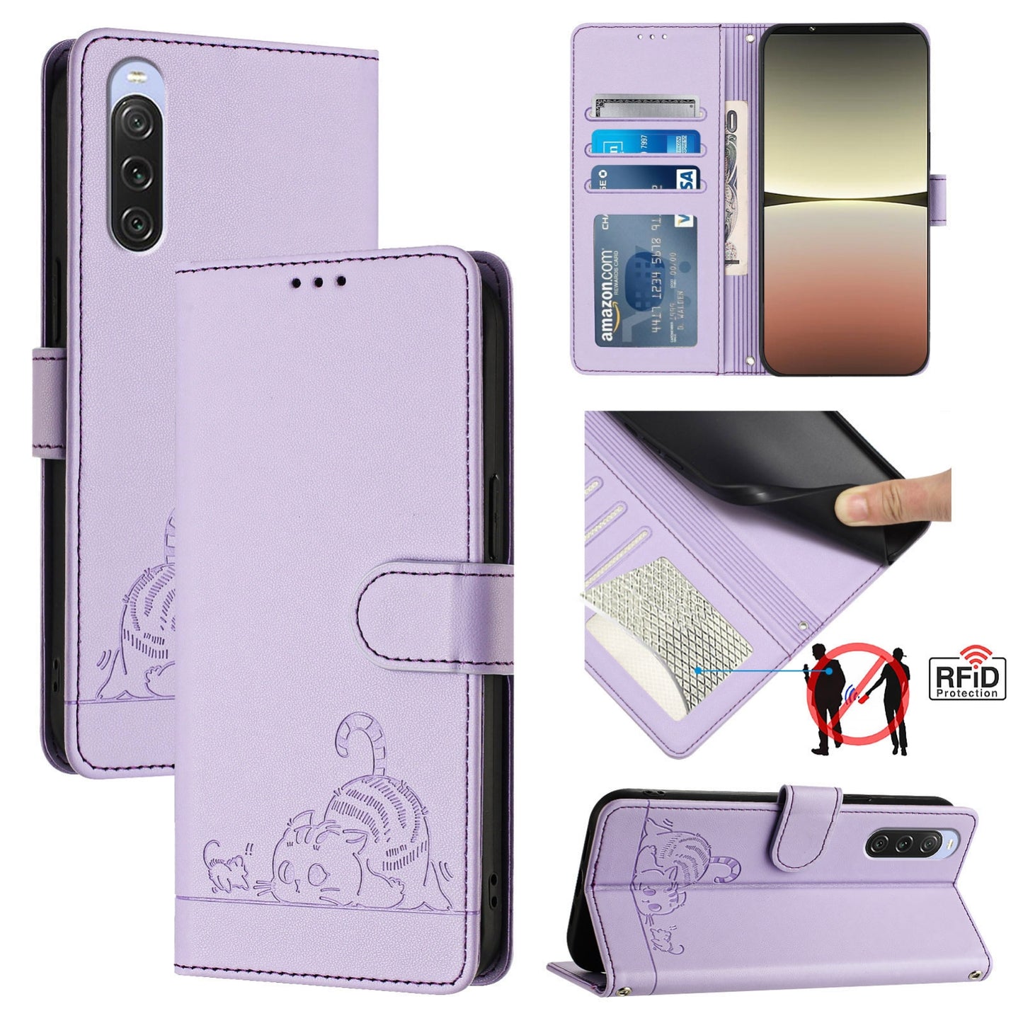 Sony Xperia 10 V 2023 Cat & Rat Embossed RFID Leather Case, Lanyard, Wallet, Card Slots, Kickstand, Anti-Fall, Scratch-Resistant