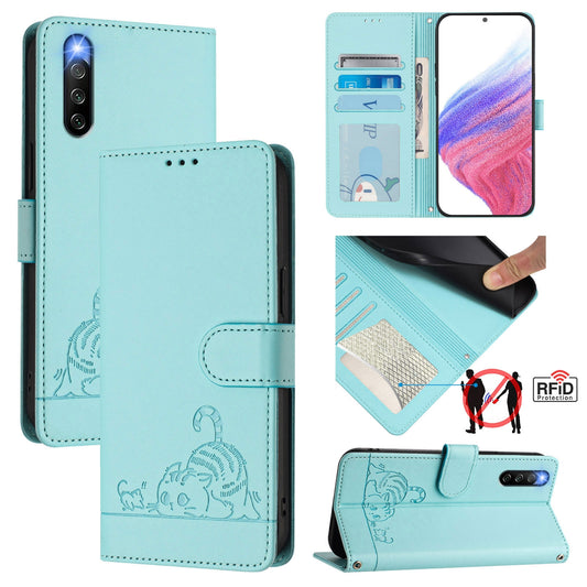 Sony Xperia 10 IV Cat & Rat Embossed RFID Leather Case, Lanyard, Wallet, Card Slots, Kickstand, Anti-Fall, Scratch-Resistant
