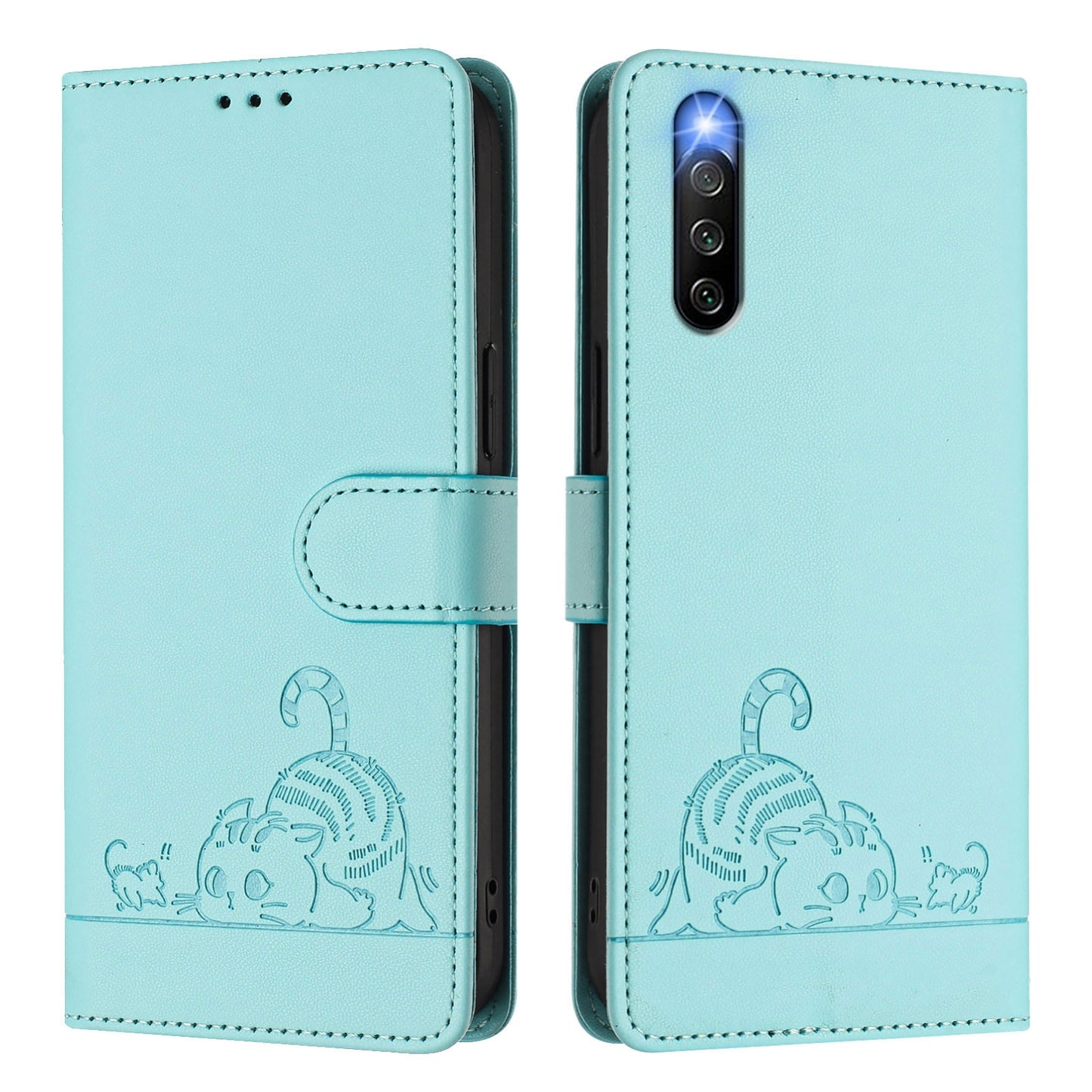 Sony Xperia 10 IV Cat & Rat Embossed RFID Leather Case, Lanyard, Wallet, Card Slots, Kickstand, Anti-Fall, Scratch-Resistant