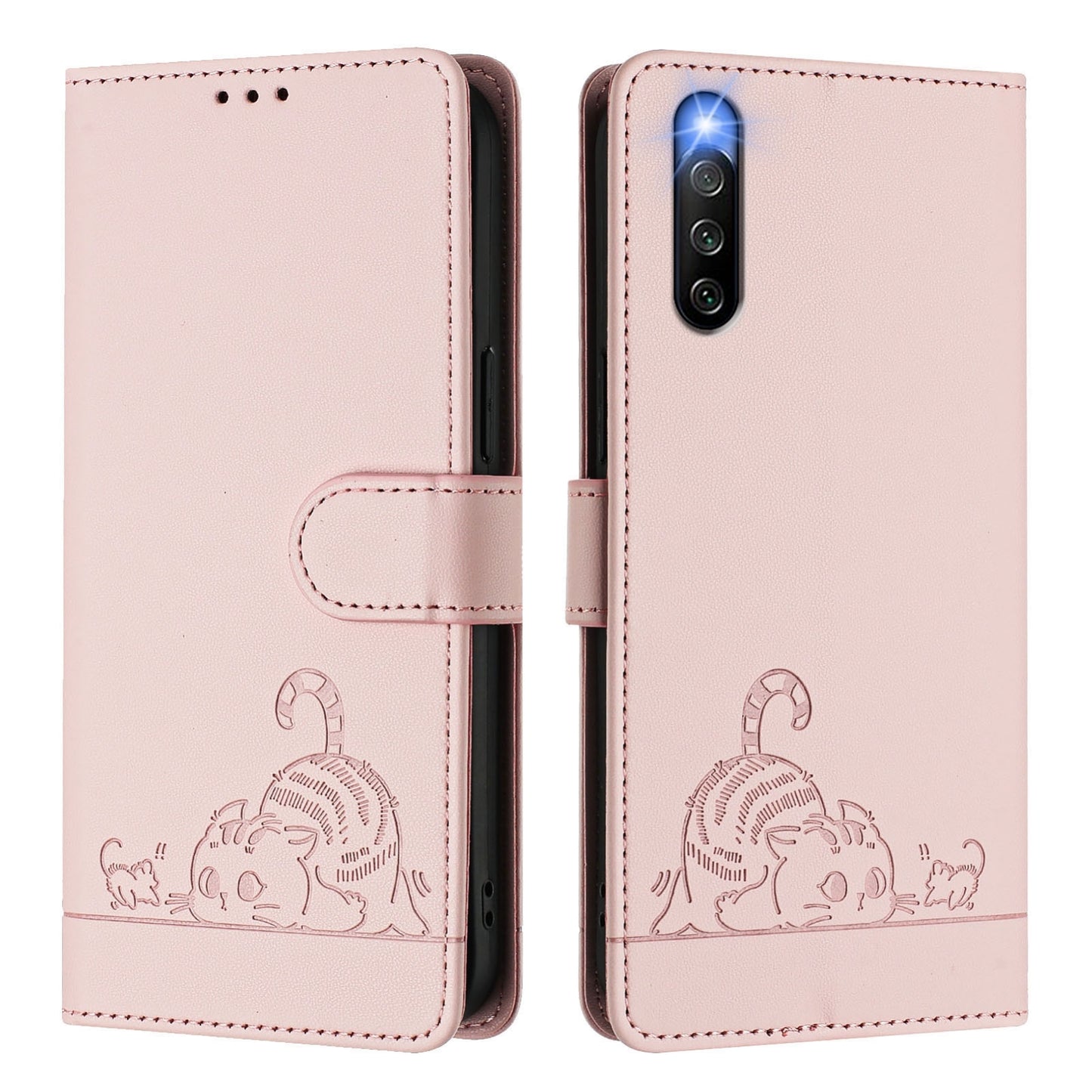 Sony Xperia 10 IV Cat & Rat Embossed RFID Leather Case, Lanyard, Wallet, Card Slots, Kickstand, Anti-Fall, Scratch-Resistant