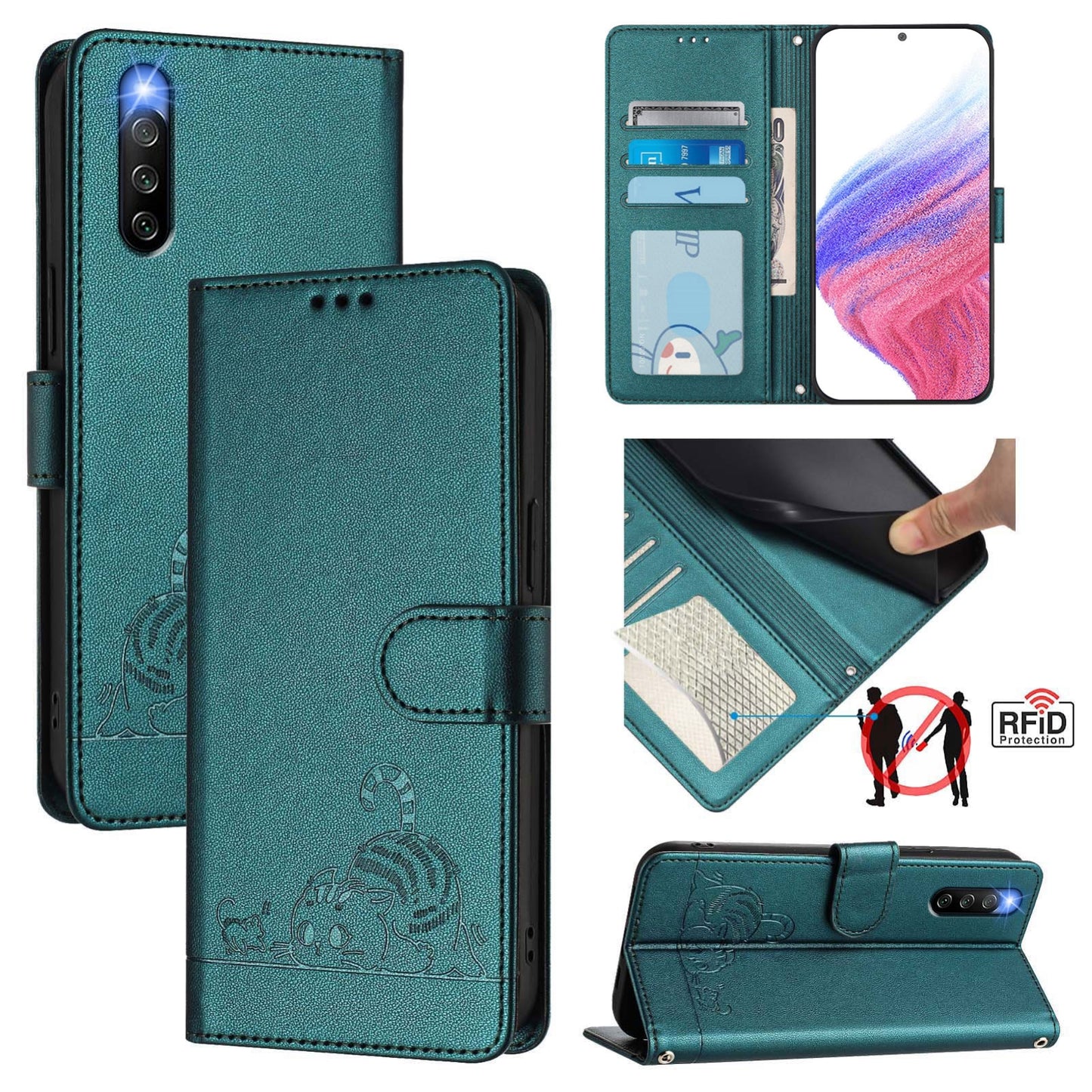 Sony Xperia 10 IV Cat & Rat Embossed RFID Leather Case, Lanyard, Wallet, Card Slots, Kickstand, Anti-Fall, Scratch-Resistant