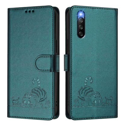 Sony Xperia 10 IV Cat & Rat Embossed RFID Leather Case, Lanyard, Wallet, Card Slots, Kickstand, Anti-Fall, Scratch-Resistant