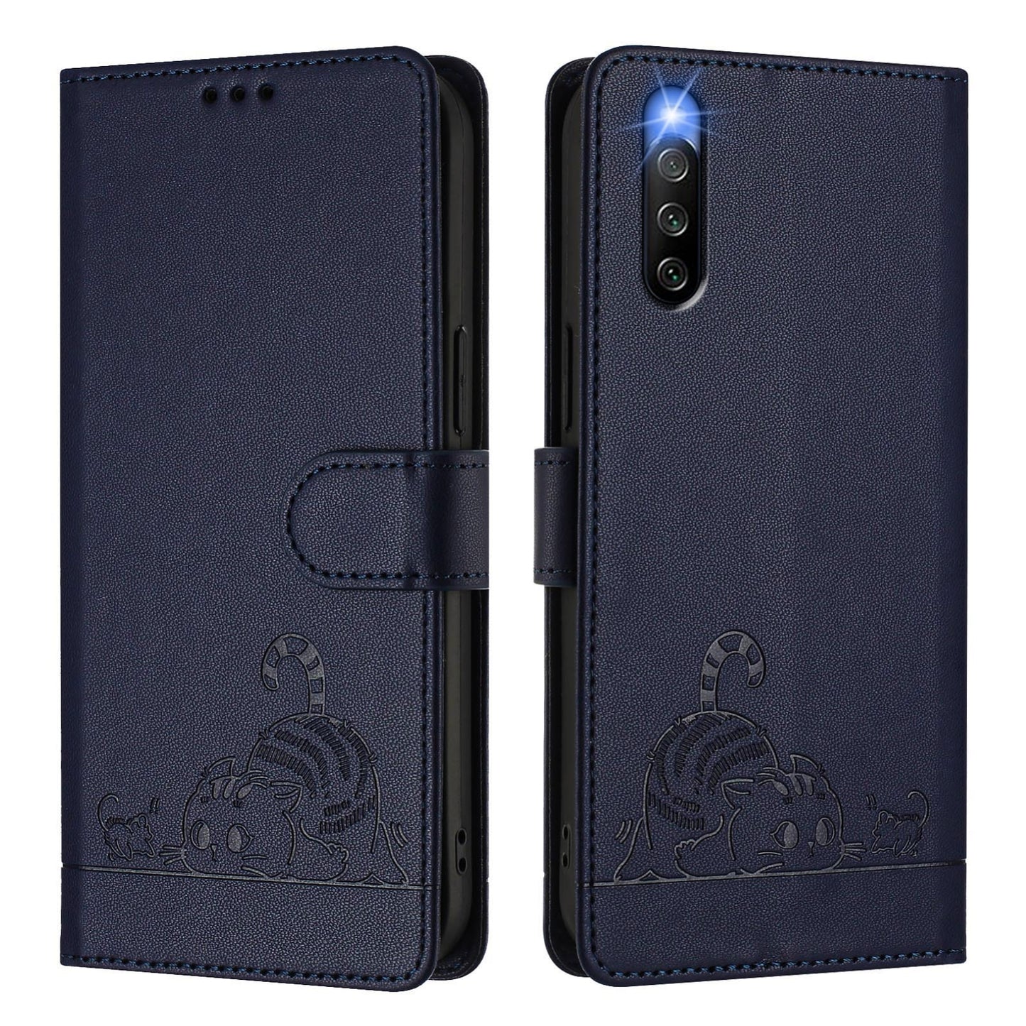 Sony Xperia 10 IV Cat & Rat Embossed RFID Leather Case, Lanyard, Wallet, Card Slots, Kickstand, Anti-Fall, Scratch-Resistant