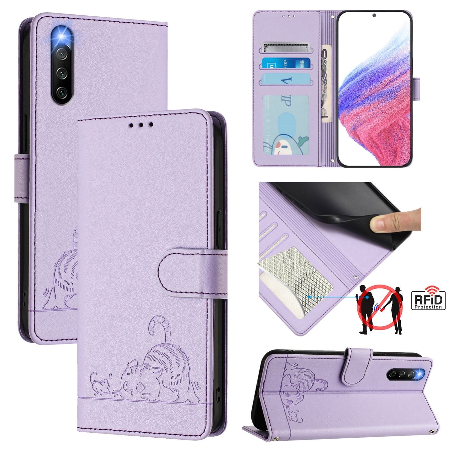 Sony Xperia 10 IV Cat & Rat Embossed RFID Leather Case, Lanyard, Wallet, Card Slots, Kickstand, Anti-Fall, Scratch-Resistant