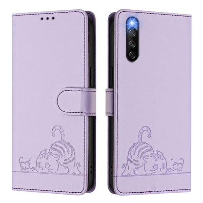 Sony Xperia 10 IV Cat & Rat Embossed RFID Leather Case, Lanyard, Wallet, Card Slots, Kickstand, Anti-Fall, Scratch-Resistant