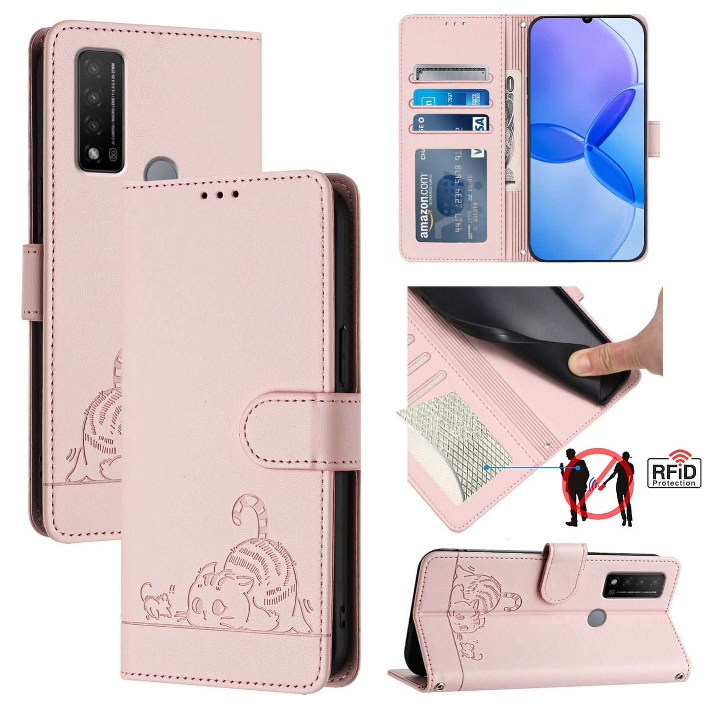 TCL 20 R Cat & Rat Embossed RFID Leather Case, Lanyard, Wallet, Card Slots, Kickstand, Anti-Fall, Scratch-Resistant