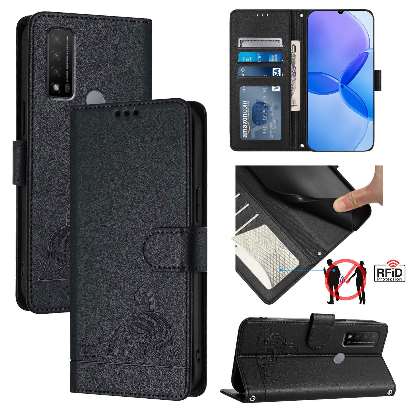 TCL 20 R Cat & Rat Embossed RFID Leather Case, Lanyard, Wallet, Card Slots, Kickstand, Anti-Fall, Scratch-Resistant