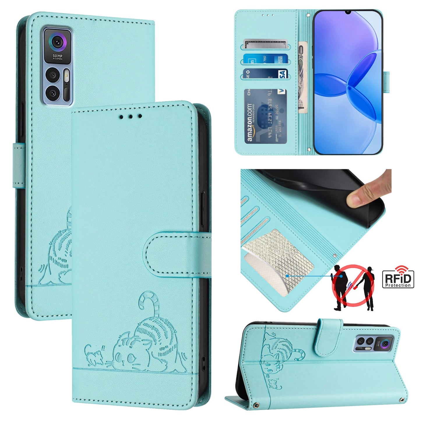 TCL 30+ Cat & Rat Embossed RFID Leather Case, Lanyard, Wallet, Card Slots, Kickstand, Anti-Fall, Scratch-Resistant