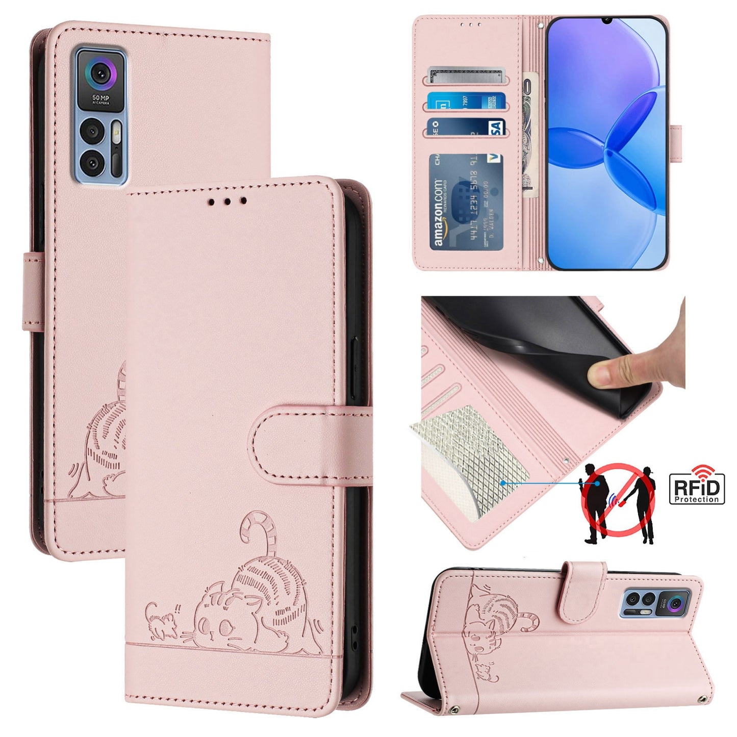 TCL 30 Cat & Rat Embossed RFID Leather Case, Lanyard, Wallet, Card Slots, Kickstand, Anti-Fall, Scratch-Resistant