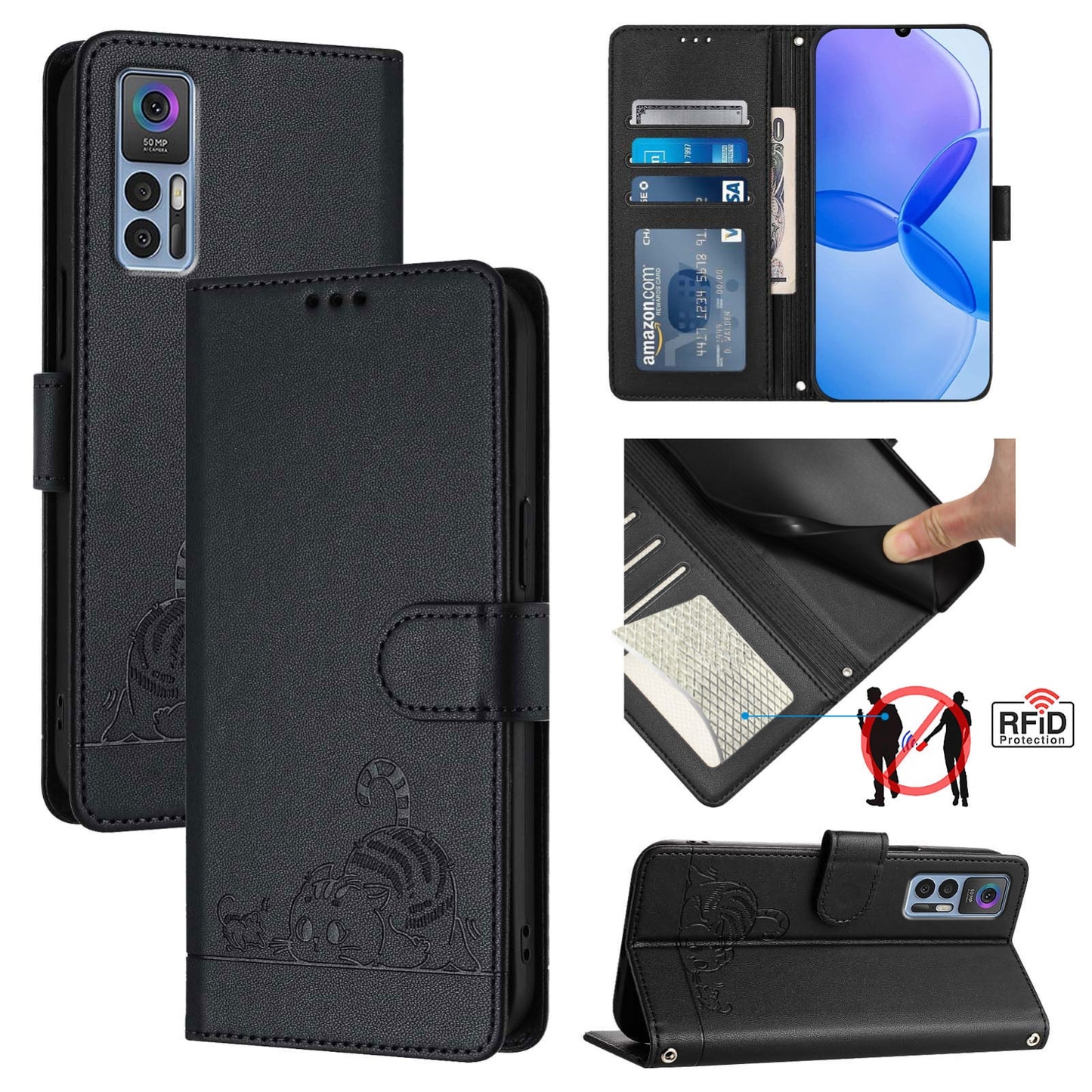 TCL 30+ Cat & Rat Embossed RFID Leather Case, Lanyard, Wallet, Card Slots, Kickstand, Anti-Fall, Scratch-Resistant