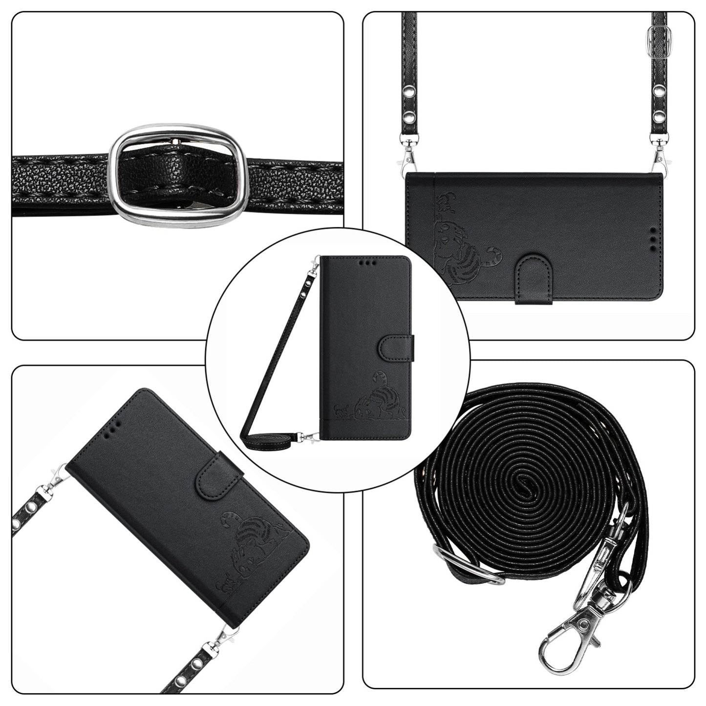 TCL 30 Cat & Rat Embossed RFID Leather Case, Lanyard, Wallet, Card Slots, Kickstand, Anti-Fall, Scratch-Resistant