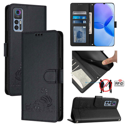 TCL 30 5G Cat & Rat Embossed RFID Leather Case, Lanyard, Wallet, Card Slots, Kickstand, Anti-Fall, Scratch-Resistant