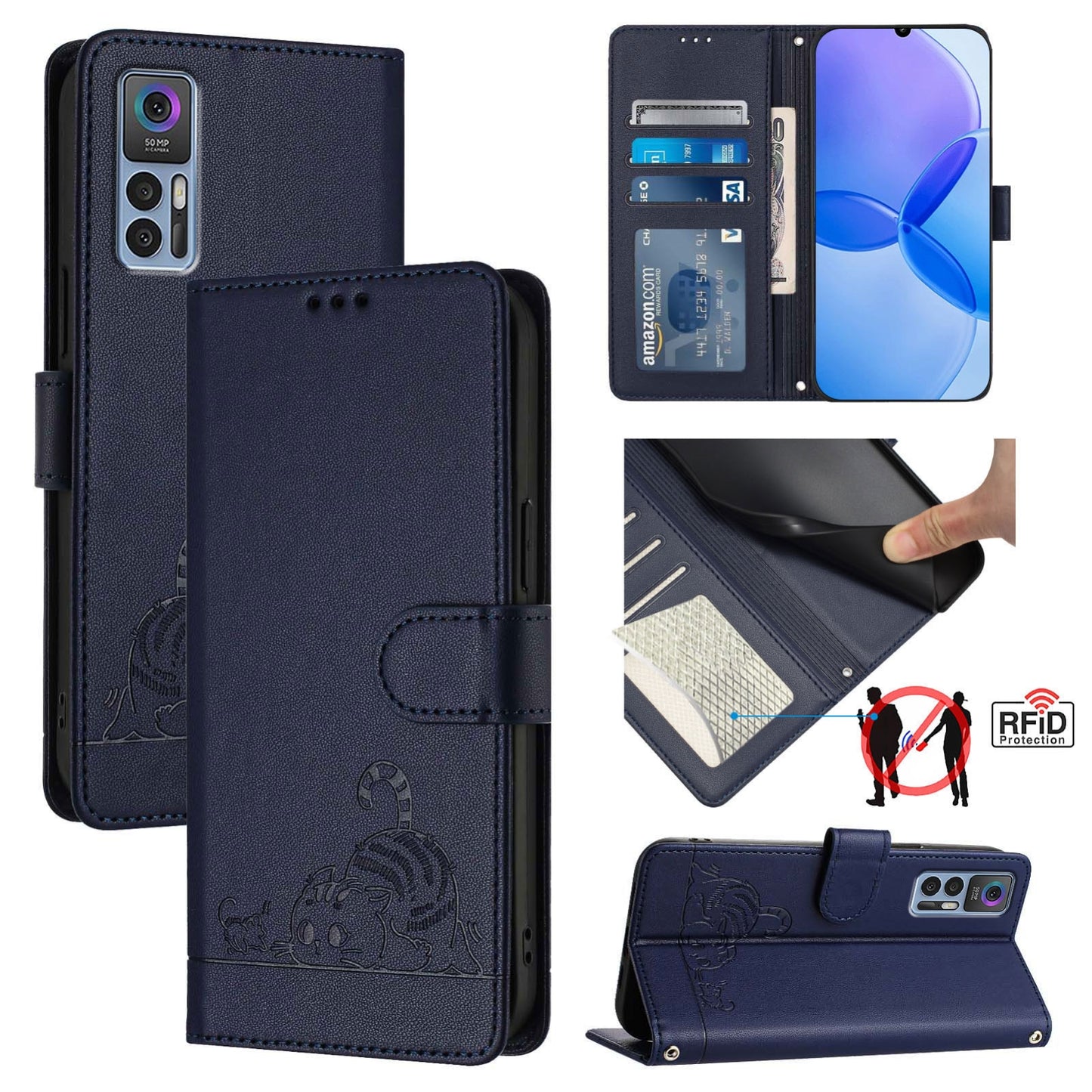 TCL 30 Cat & Rat Embossed RFID Leather Case, Lanyard, Wallet, Card Slots, Kickstand, Anti-Fall, Scratch-Resistant