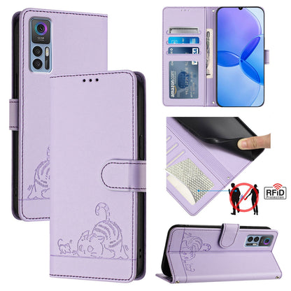 TCL 30 Cat & Rat Embossed RFID Leather Case, Lanyard, Wallet, Card Slots, Kickstand, Anti-Fall, Scratch-Resistant