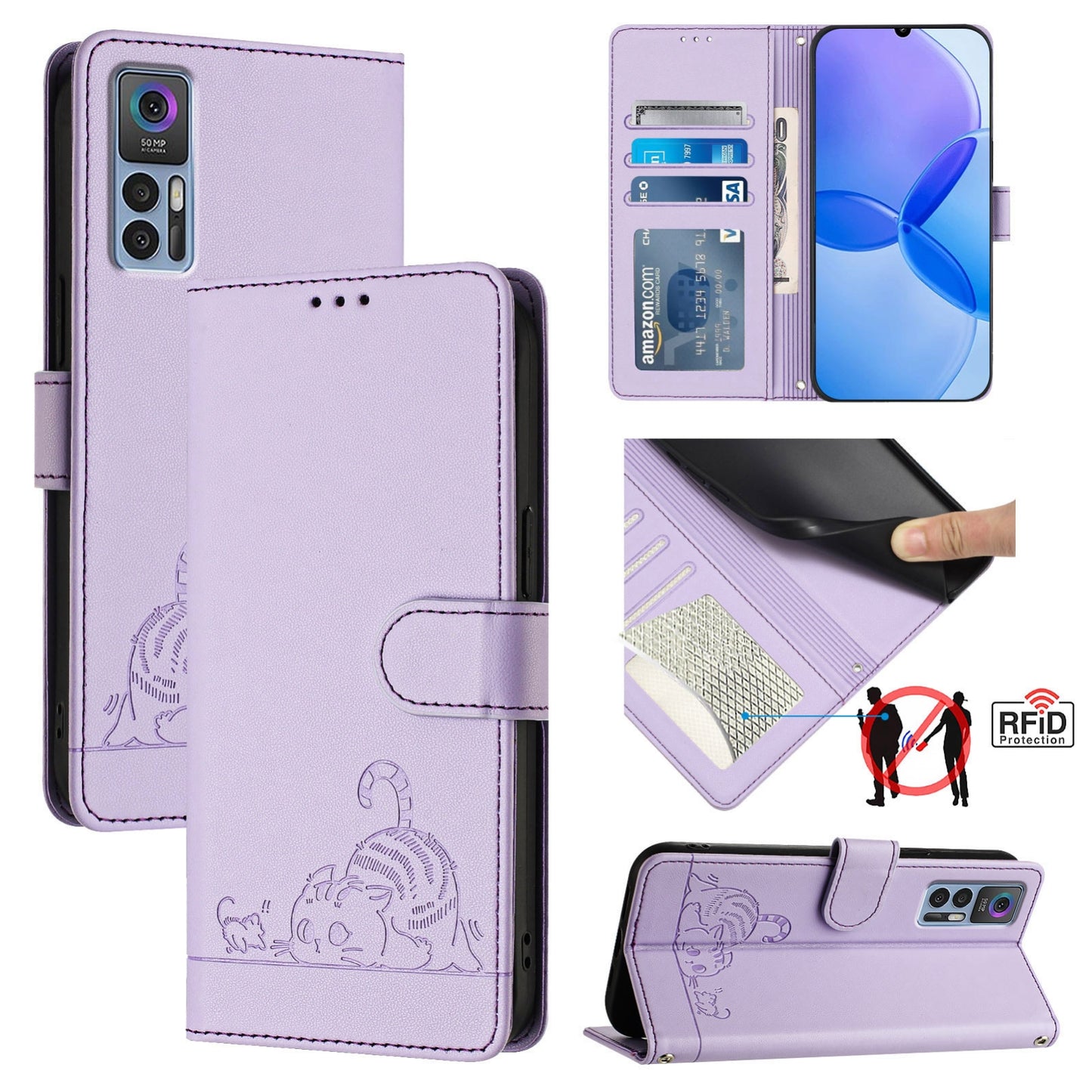 TCL 30 5G Cat & Rat Embossed RFID Leather Case, Lanyard, Wallet, Card Slots, Kickstand, Anti-Fall, Scratch-Resistant
