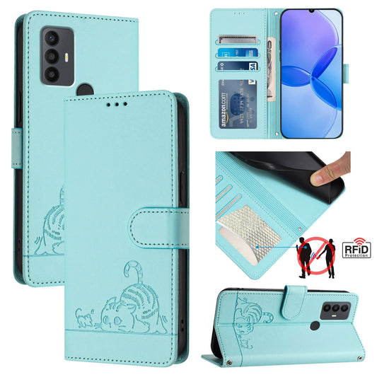 TCL 30 SE Cat & Rat Embossed RFID Leather Case, Lanyard, Wallet, Card Slots, Kickstand, Anti-Fall, Scratch-Resistant