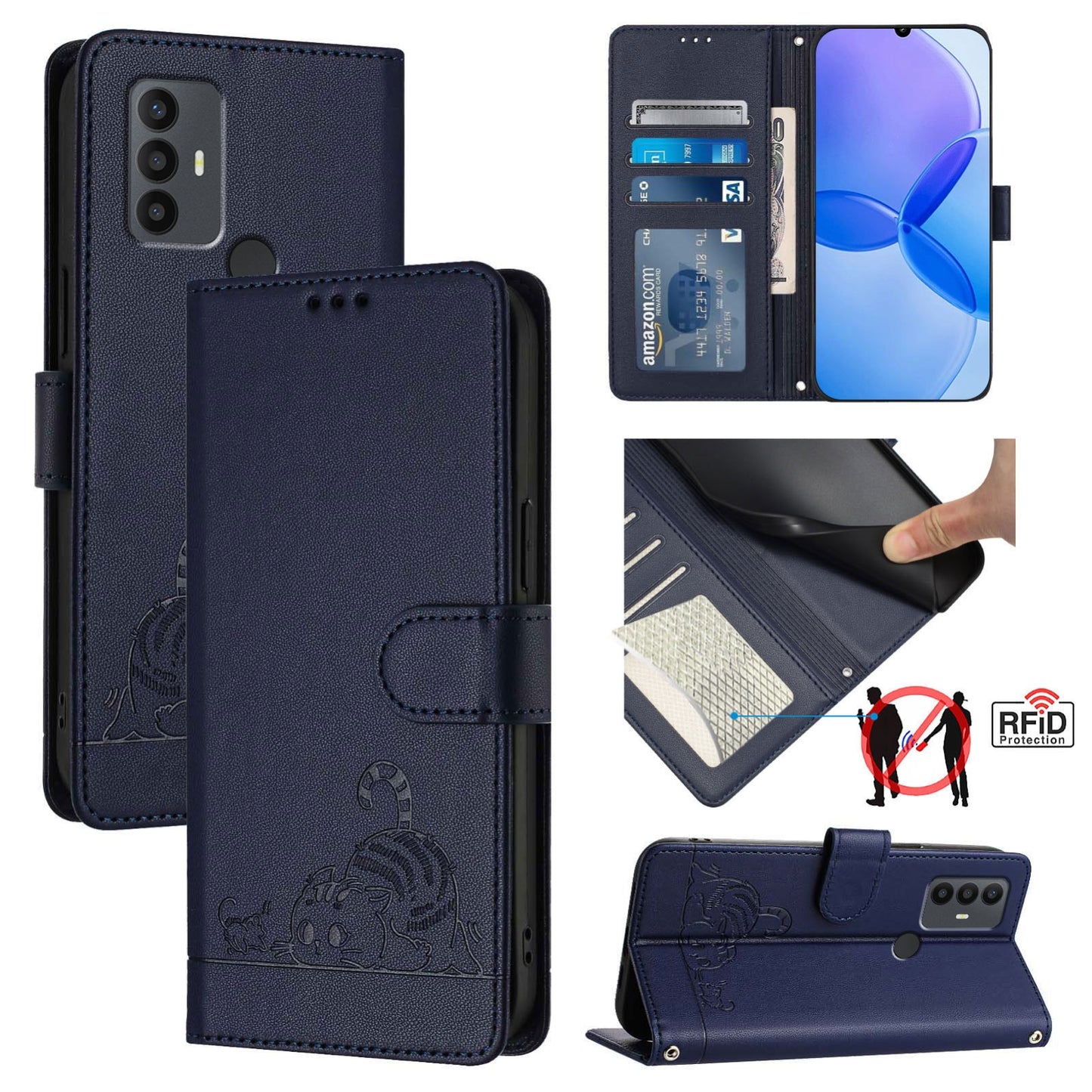 TCL 30 SE Cat & Rat Embossed RFID Leather Case, Lanyard, Wallet, Card Slots, Kickstand, Anti-Fall, Scratch-Resistant