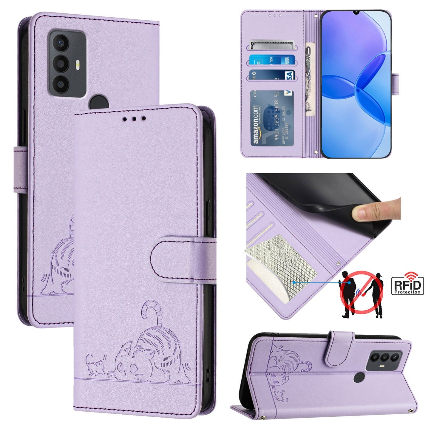 TCL 30 SE Cat & Rat Embossed RFID Leather Case, Lanyard, Wallet, Card Slots, Kickstand, Anti-Fall, Scratch-Resistant
