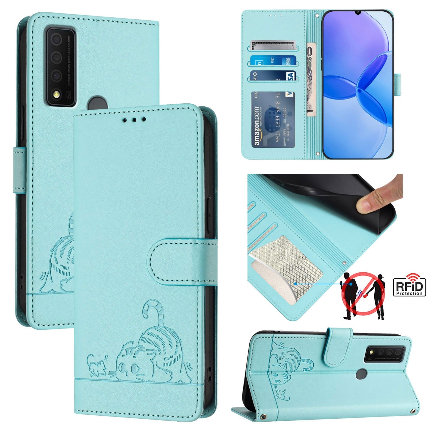 TCL 30 XE 5G Cat & Rat Embossed RFID Leather Case, Lanyard, Wallet, Card Slots, Kickstand, Anti-Fall, Scratch-Resistant