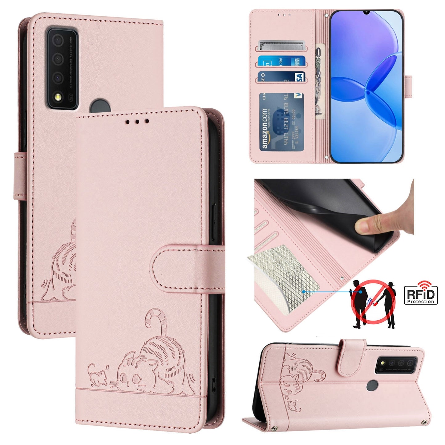TCL 30 XE 5G Cat & Rat Embossed RFID Leather Case, Lanyard, Wallet, Card Slots, Kickstand, Anti-Fall, Scratch-Resistant